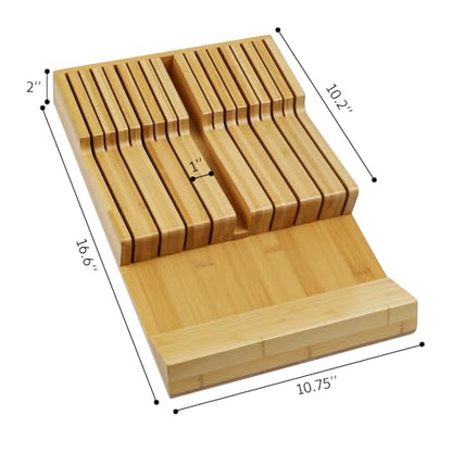 Bamboo Kitchen Drawer Knife Holder, In-drawer Knife Block, Knife Drawer Organizer fit for 16 knives and 1 steel sharpening | Compact design,17 Slots, Thicker Base Board, Large Drawer Knife Storage For Steak, Paring, Bread Knives, Sharpening Steel - size:
