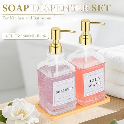 Dish and Hand Soap Dispenser,Set of 2 * 16.9oz | Glass Soap Dispenser with Gold Pump,Tray,Funnel,500ML Countertop Soap and Lotion Dispenser for Kitchen, Bathroom,Shower - color: Ks-5070-28y-2g