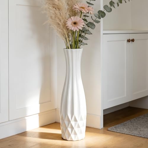 White Tall Ceramic Floor Vase, 24 Inch, Flared Geometric Design | Glossy Glazed Finish, Living Room, Fireplace, Entryway, Pampas Grass - color: Shape 2, size: 24 Inch