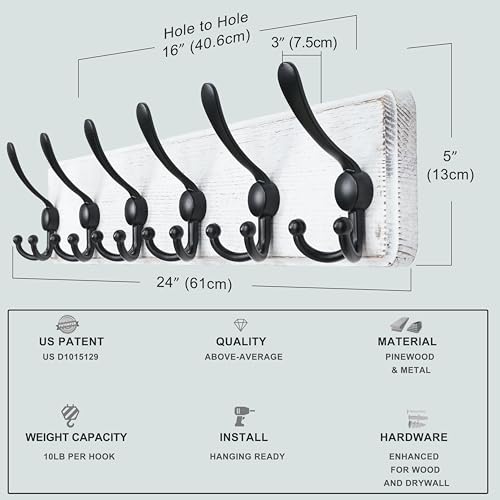 Coat Rack Wall Mounted - 24" Long 6 Tri Hooks, Heavy Duty Wooden Wall Coat Hanger Coat Hook for Clothes Hat Jacket Clothing, White and Black - color: White & Black, size: L=24"