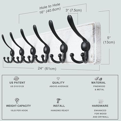 Coat Rack Wall Mounted - 24" Long 6 Tri Hooks, Heavy Duty Wooden Wall Coat Hanger Coat Hook for Clothes Hat Jacket Clothing, White and Black - color: White & Black, size: L=24"