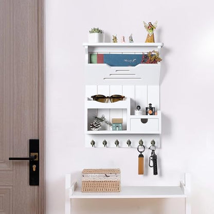 DOPACE Handcrafted Pine Wood Mail Organizer & Key Holder, White | Hand-polished natural pine wood with storage drawer & 6 hooks, Fine spray paint finish, Easy wall mount - color: White