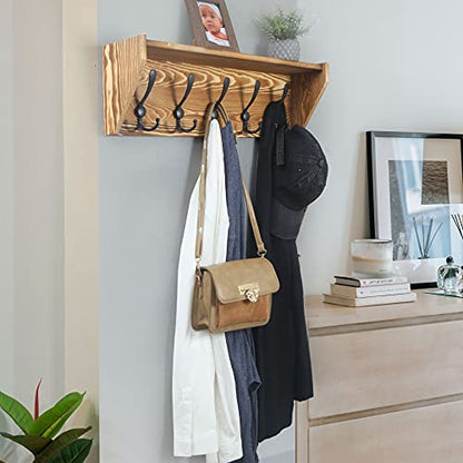 WEBI Wall Shelf with Hooks Underneath,24" Long Wall Mounted Coat Rack with Shelf,5 Triple Hooks,Wall Shelves for Bathroom,Rustic Brown - color: Brown, size: 24 Inch
