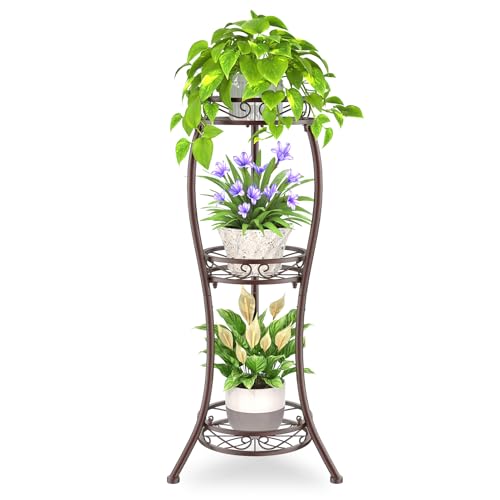 iDavosic.ly 3 Tier Metal Plant Stand Outdoor Indoor, 34 Inch Tall, Bronze | Corner Flower Pot Holder Shelf, Wrought Iron Vertical Display Rack for Patio Porch Garden, Heavy Duty, Sturdy, Space Saving - color: Violet Bronze, size: 3 Tiers
