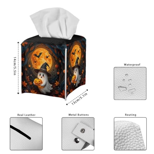 Cute Halloween Ghost Square Tissue Box Cover | Lightweight Square Napkin Storage Holder, Funny ghost graphic adds festive atmosphere for fall & Halloween party - color: Cute Ghost Halloween Forest
