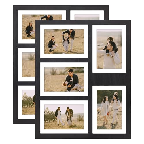 YESKAY 4x6 or 5x7 Picture Frames,Rustic Black Wooden Frame with Real Glass,Displays Pictures Five 4x6 with Mat or 5-Opening 5x7 without Mat for Wall Mounting,2 Pack - color: Rustic Black, size: 5x7-5 Opening(OD:13x16in)