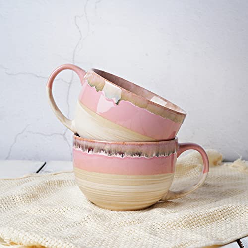 Ceramic Jumbo Coffee Mug Set of 2, 23 Oz, Large Mug Soup Bowls with Handles, Dishwasher and Microwave Safe (Pink) - color: Pink