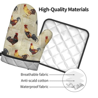 Rustic Rooster Oven Mitts and Pot Holder Set of 2 Farm Animal Print Heat Resistant Gloves Hot Pads for Kitchen Grilling Baking Cooking BBQ - color: Rustic Rooster