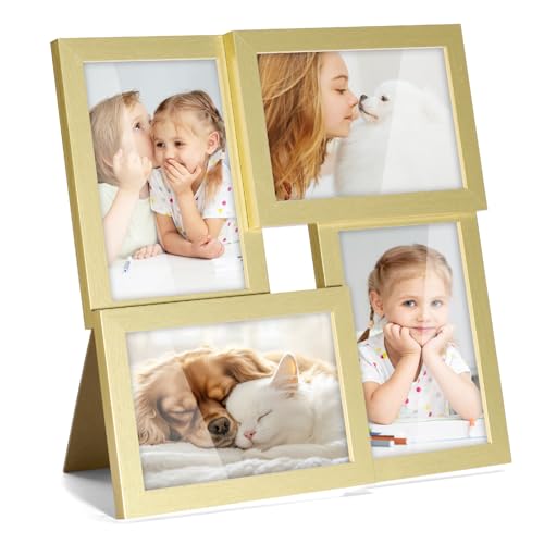4x6 Collage Picture Frames Gold Family Multi Photo Frames Wall Decor | Matted to 3x5 with Mat, 4 Opening, 4 4x6 Wall Frames, Hanging/Standing on Tabletop, Gift for Valentine's Day/Mother's Day - color: Gold