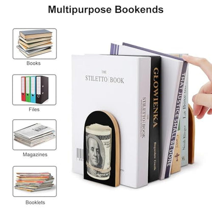 Money Roll 100 Hundred Dollar Decorative Bookends for Shelves Wood 1 Pair Desktop Book Stands for Home Office