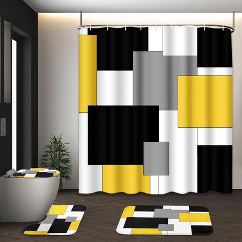 Bathroom Sets with Shower Curtain and Rugs 4 Pcs, Geometric Yellow | Checkered Abstract Modern Art Bathroom Decor Set with Toilet Lid Cover, Non-Slip Bath Mats and Accessories 12 Hooks - color: Abstract Geometric Yellow