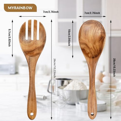 MYRAINBOW Salad Tongs, Wooden Spoons, Salad Tongs for Serving, 10-inch Serving Utensils Set Salad Servers Set Kitchen Cooking Utensil (Natural Wood)