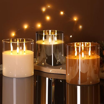 Large 3 Wick Gold Glass Flameless Pillar Candle with Remote | 6x6 inch LED Candle Flickering, Triple Wick, 2 AA Battery Powered, Accent Home Decor Gift - color: Amber Gold