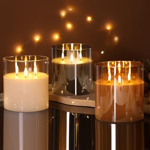 Large 3 Wick Grey Glass Flameless Pillar Candle with Remote | 6x6 inch LED Candle Flickering, Triple Wick, 2 AA Battery Powered, Accent Home Decor Gift - color: Smoke Grey