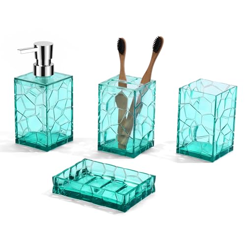 GAHEFY Teal Blue Beach Bathroom Accessories Set with Toothbrush Holder, Soap Dispenser, Tumbler, Soap Dish, Turquoise Bathroom Decor,Acrylic (Teal-4pcs) - style: Teal-4pcs
