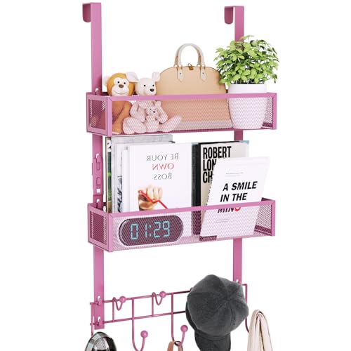 Consumest Over The Door Hooks Organizer - 3 Tier Door Hanger with 9 Coat Hooks & 2 Mesh Basket, Back Storage Organizer Hanging Towels for Bathroom, Bedroom, Pink - color: Pink, size: 3 Tier
