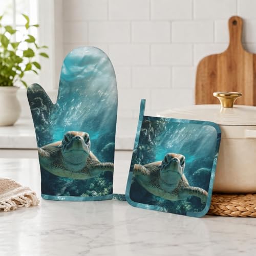 Sea Turtles Oven Mitt and Pot Holder with Silicone Heat Resistant Kitchen for Cooking BBQ Baking Grilling Cooking Protection - color: Sea Turtles