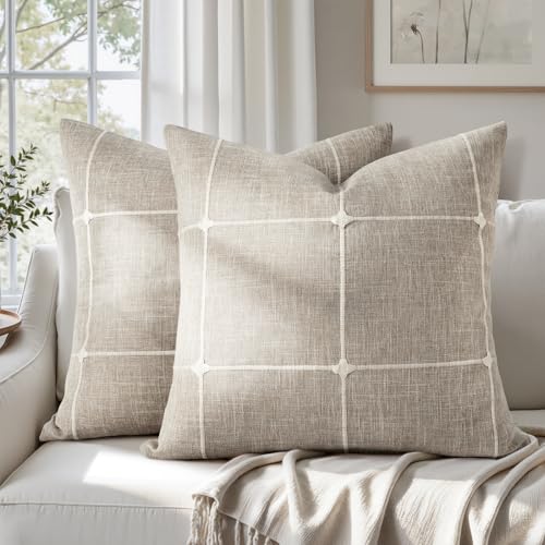 HOMEIDEAS Decorative Plaid Throw Pillow Covers 18x18 Set of 2 | Tan Farmhouse Cushion Embroidered Pattern,Soft Linen Feel Textured Neutral,Couch Sofa Bed Living Room,Farmhouse Fall Decor - color: Tan Plaid, size: 18" x 18" (Pack of 2)