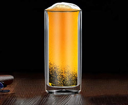 Sun's Tea Double Wall Insulated Glass Tumbler, 16oz (450ml) Highball Glass Cups for Beer, Lemonade, Iced Tea, Tropical Drink, Cocktail, Smoothie, Mojito and Mixed Drinks, Set of 2 - Collins Style
