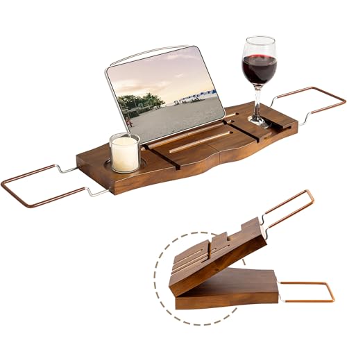 Dream Light Walnut Teak Expandable Bathtub Caddy Tray | Light walnut teak tray, extendable, housewarming gift, bath spa organizer - color: Teak Natural - B, size: Medium