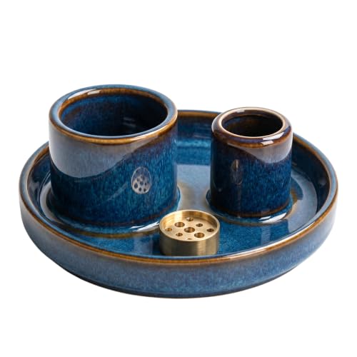 4 in 1 Ceramic Incense Holder, Multi-Function Incense Stick Palo Santo Sage Burner, Ash Catcher Tray for Meditation Yoga Room, Blue, 4.25 Inch