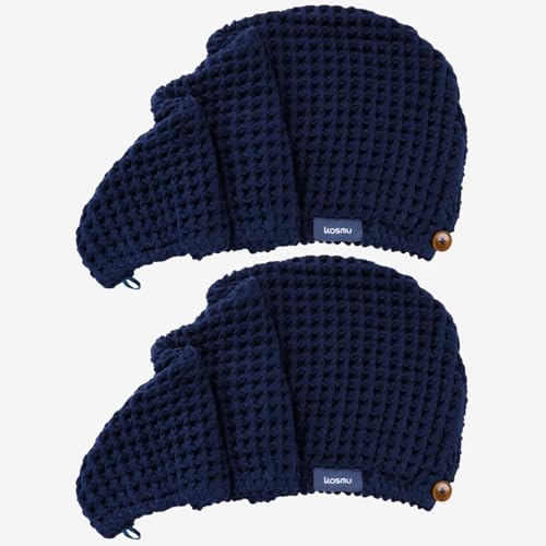 Luxury Organic Japanese Cotton Hair Drying Waffle Towel Wrap for Women | Absorbent, Quick-Dry Head Turban for Shower, Sauna, Spa | Extra Large for Long, Curly, Straight Hair With Button (Blue, 2 Pc) - color: Ocean Blue, style: Hair Towel (2 Pack)