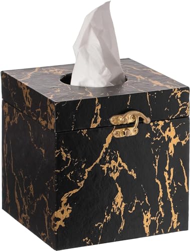 Black and Gold Marble Tissue Box Cover for Kleenex Box, Modern Elegant Tissue Box Holder with Lock for Bathroom, Bedroom, and Living Room, Square Shape Toilet Tissue Holder Organizer - color: Black Marble