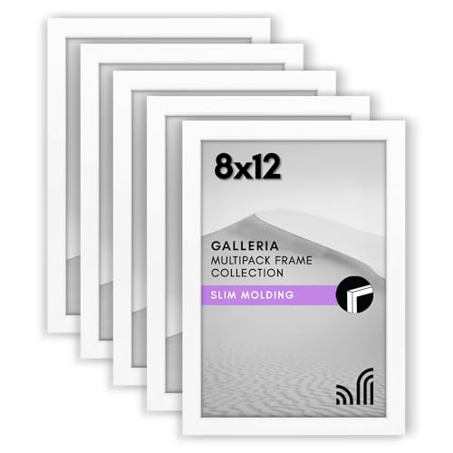 Americanflat 8x12 Picture Frame 5-Pack - Slim Molding - White | Polished plexiglass front, hangs vertical or horizontal, sawtooth hangers included, secure turn-tab backing - color: White, size: 8x12