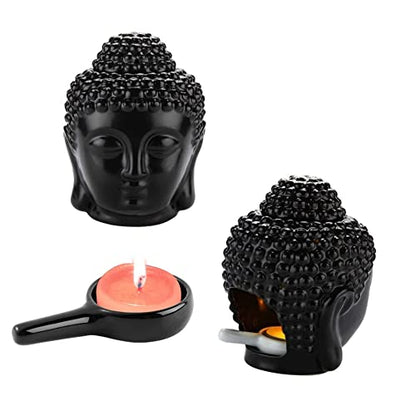 Ceramic Buddha Head Essential Oil Burner with Candle Spoon for Yoga Spa Bedroom Home Decoration, Aromatherapy Wax Melt Burners Oil Diffuser Tealight Candle Holder (Black)