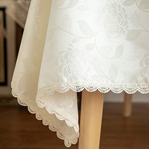 GLORY SEASON Textured Tablecloth Waterproof Spillproof Lace Trim Rectangle Damask Fabric Table Cloth for Wedding Kitchen Dinning Tabletop Decoration,Oblong Table Cover 55 x 86 Inch, Ivory White - size: 86" x 55" (Rectangular)