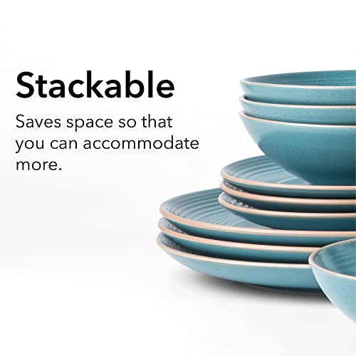 Arora RINGAR Round Stoneware 16pc Double Bowl Dinnerware Set for 4, Dinner Plates, Side Plates, Cereal Bowls, Pasta Bowls - Speckle Matte Turquoise (428525) - color: Speckle Matte Turquoise-Cereal/Pasta Bowl, style: Round-Service for 4(16pcs)