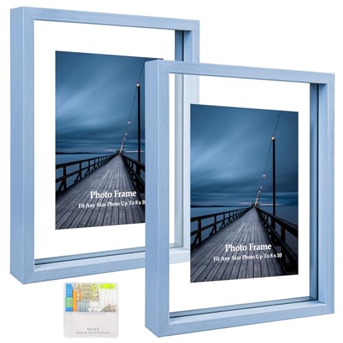 MUYE 8x10 Floating Frame Set of 2,Double Real Glass Photo Frame for Wall Hanging or Tabletop Standing,Display Any Size Photo up to 8x10,Blue - color: Blue, size: 8x10