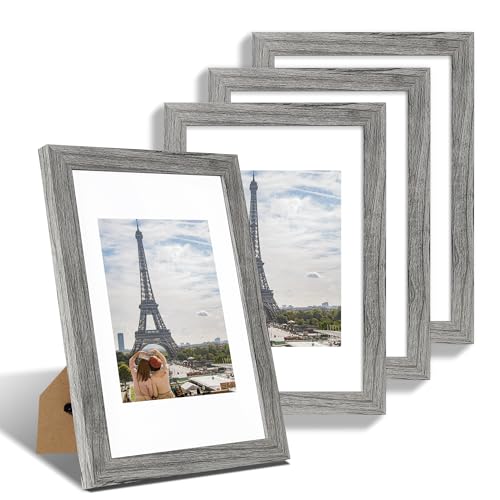 Hongkee 8x12 Picture Frame Set of 4, Made of Glass and Grey Wooden Frame - Display 6x8 Picture with Mat or 8 x 12 Poster Without Mat, 8 by 12 Photo for Wall or Tabletop - color: Grey, size: 8x12 in