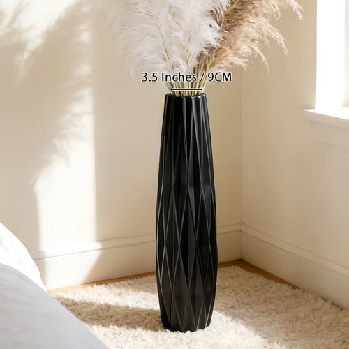 Black Tall Ceramic Floor Vase, 24 Inch, Ribbed Design | Matte Finish, Living Room, Fireplace, Entryway, Pampas Grass - size: 24 Inch
