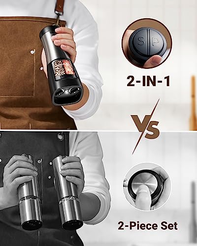 Sangcon Electric Salt and Pepper Grinder Set Shakers 2 IN 1 - USB RECHARGEABLE Salt and Pepper Mill Set All in One, Automatic Refillable Adjustable Coarseness Ceramic Grinder with Light - color: Gunmetal Classic