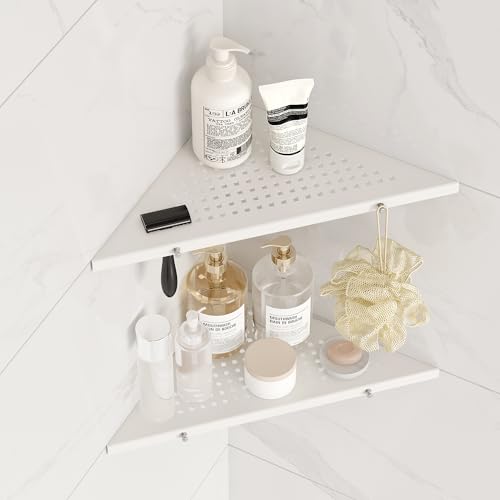 Qeke 10" Corner Shower Shelf, 2 Pack Bathroom Corner Shelf, Matte White | 304 Stainless Steel Shelf, w/ a Razor Slot & Hooks, Floating Corner Shelf for Tiled Wall, No Drilling Required - color: Matte White