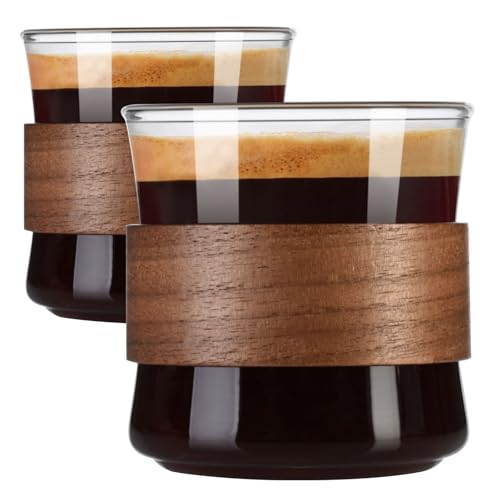 PARACITY Espresso Cups Set of 2 with Wooden Ring, 8 OZ High Borosilicate Espresso Shot Glass, Clear Small Expresso Shots Cup, Espresso Accessories | Clear borosilicate cup set -20°C to 150°C; wood bands limit heat transfer on the espresso shot glasses - s