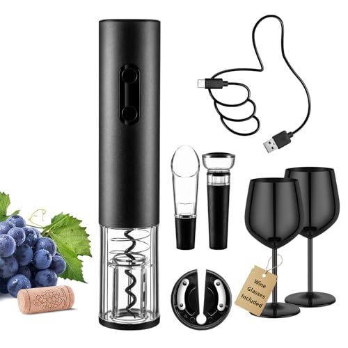 Electric Wine Opener Set Rechargeable, Automatic Corkscrew Set, Including Black Metal Wine Glasses of 2, Stainless Steel Wine Goblet, Ideal Gift for Wedding, Wine Lover, Birthday, Girl, Men - color: Black