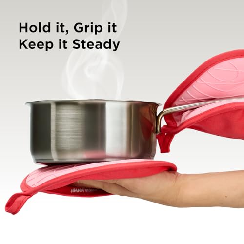 Kitchen Mama Silicone Pot Holders, Red | Heat Resistant, Non-Slip Surface, Dual Pocket Design, Soft Cotton Lining - color: Red
