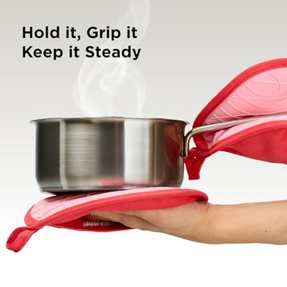 Kitchen Mama Silicone Pot Holders, Red | Heat Resistant, Non-Slip Surface, Dual Pocket Design, Soft Cotton Lining - color: Red