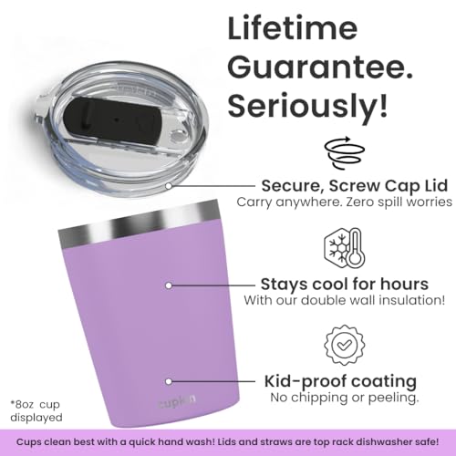 CUPKIN Toddler Tumblers, The Original 12 oz Stackable Stainless Steel Cups, Set of 2 Powder Coated Insulated Kids Water Bottle Alternative & BPA Free Lids + Reusable Silicone Straws (Pink + Purple) - color: Pink + Purple, size: 12 Fl Oz (Pack of 2)