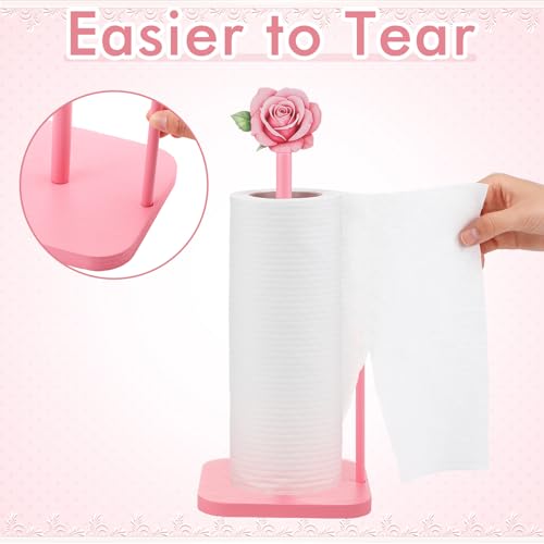 Leinuosen Pink Rose Paper Towel Holder Coquettish Cute Rose Wooden Paper Towel Holder Pink Bathroom Countertop Accessories Kitchen Roll Stand Organizer Standing Apartment Decor Housewarming Gift - style: Pink Roses