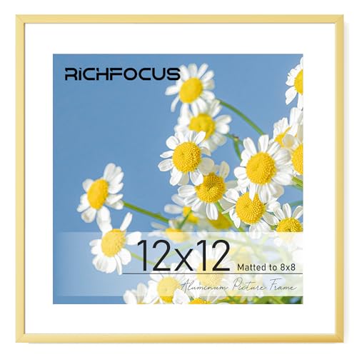 RICHFOCUS 12x12 Frame Gold |12 x 12 Square Picture Frame with Mat for 8x8|12x12 Metal Aluminum Photo Frames for Wall Modern Decor|Hanging Hardwares Included, Set of 1 - color: Gold, size: 12x12-1P-Plexiglass