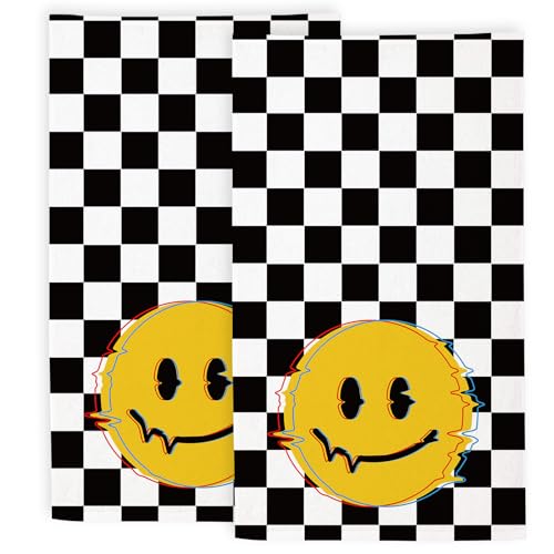 Black and White Checkered Bathroom Hand Towels, Smile Face Bath Hand Towel for Decorative Fingertip Towels Set of 2 for Home Bathroom Spa Hotel Gym 14"X28" - color: Black and White