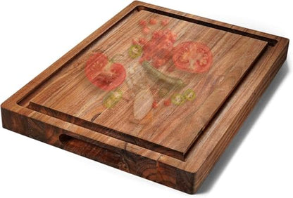 XL Acacia Wood Cutting Board (20x15x1.5in) and Wooden Butcher Block, Chopping Board-Reversible Multipurpose For Meat, Cheese Board, Vegetables, Bread with Juice Groove, Cracker Holder & Inner Handles - size: 20"L x 15"W