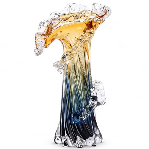Blue Blown Glass Vase, Modern Art Hand Blown Coastal Vase,Beautiful Unique Ocean Wave Centerpieces for Living Room, Bedroom, Office Desktop,Coffee Table and Wedding Decorative (Amber, M) - color: Amber, size: Medium