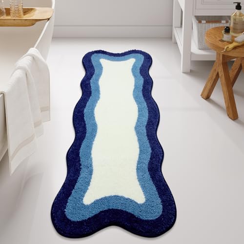HAOCOO Luxury Soft Long Bathroom Rugs, 24x59 Inch Irregular Shape Non-Slip Boho Bath Rug, Microfiber Absorbent Washable Rugs for Bathroom Bedside Sink Tub Shower - color: Blue, size: 4'11" x 2' (Irregular)