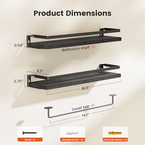 Amada Bathroom Shelves with Towel Bar, Set of 2, Black | Floating Shelves with Detachable Towel Bar, Protective Metal Guards, Paulownia Wood, Bathroom, Living Room & Kitchen Storage - color: Black
