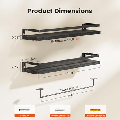 Amada Bathroom Shelves with Towel Bar, Set of 2, Black | Floating Shelves with Detachable Towel Bar, Protective Metal Guards, Paulownia Wood, Bathroom, Living Room & Kitchen Storage - color: Black