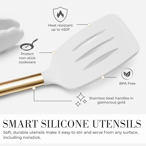 Styled Settings White and Gold Kitchen Utensils, 7-Piece | Nonstick Silicone Cooking Utensils Set with Gold Utensil Holder, White and Gold Kitchen Accessories for Modern Kitchens - color: White and Gold